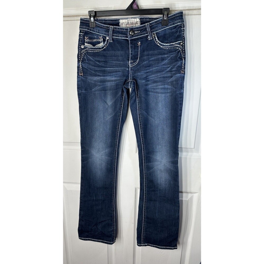 Hydraulic NYC Women's Blue Jeans Size 6 Boot Cut Frayed Cuffs Embellished 28/33